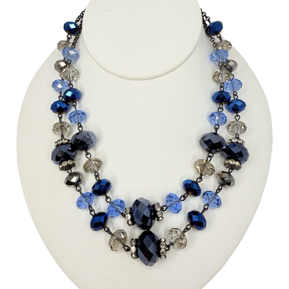 Vintage Crown Trifari Blue Crystal Layered Necklace 18" Beaded 2 Tier Gunmetal - Picture 4 of 8